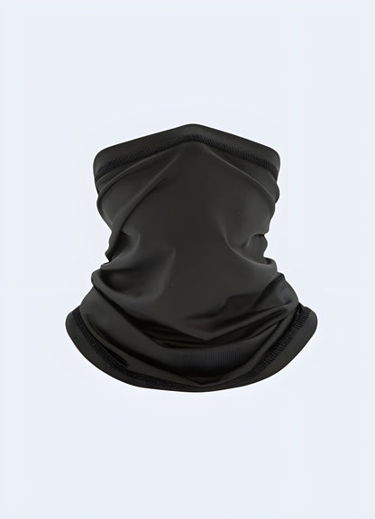 A front view of a black half-face balaclava, designed for warmth and protection, available in the UK.