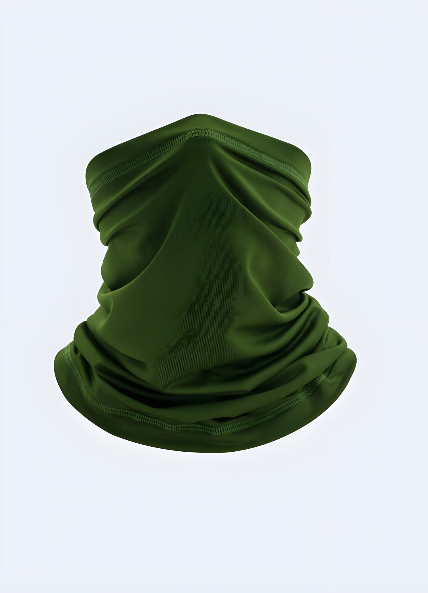 A front view of a dark green half-face balaclava, designed for warmth and protection, available in the UK.