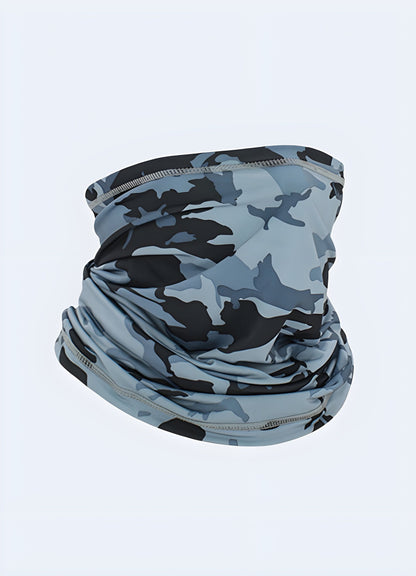 A front view of a grey camo half-face balaclava, designed for warmth and protection, available in the UK.