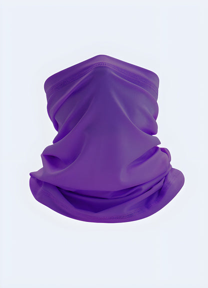 A front view of a purple half-face balaclava designed for warmth and protection, available in the UK.