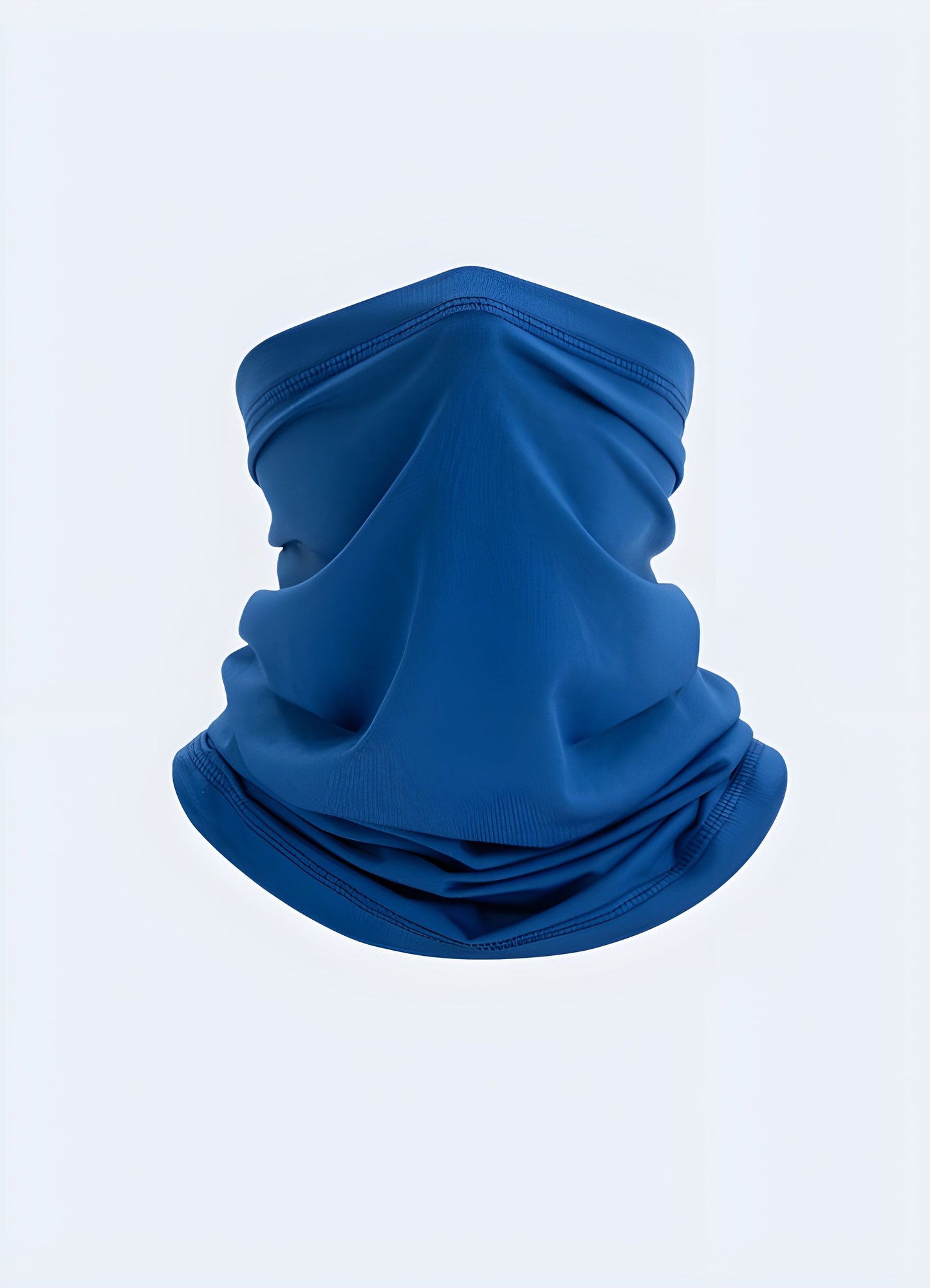 A front view of a sky blue half-face balaclava, designed for warmth and protection, available in the UK.