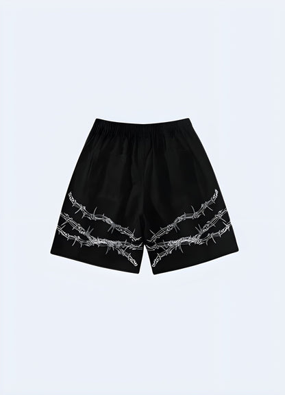 Back view of barbed wire shorts, showcasing the unique and provocative design, ideal for the UK fashion rebel.