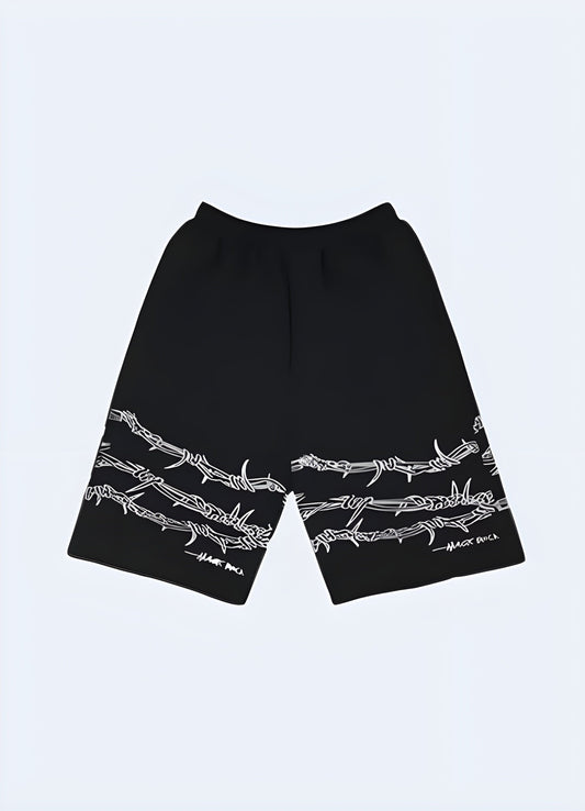 Edgy barbed wire shorts for man, perfect for making a bold statement in the UK alternative fashion scene