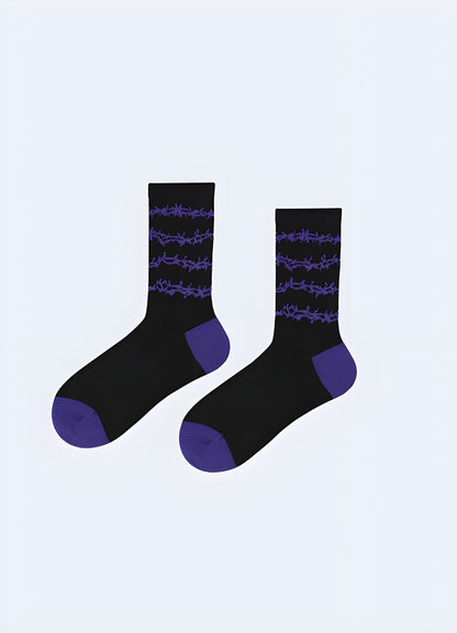 Stylish purple socks with a unique barbed wire pattern, ideal for making a statement with your footwear.