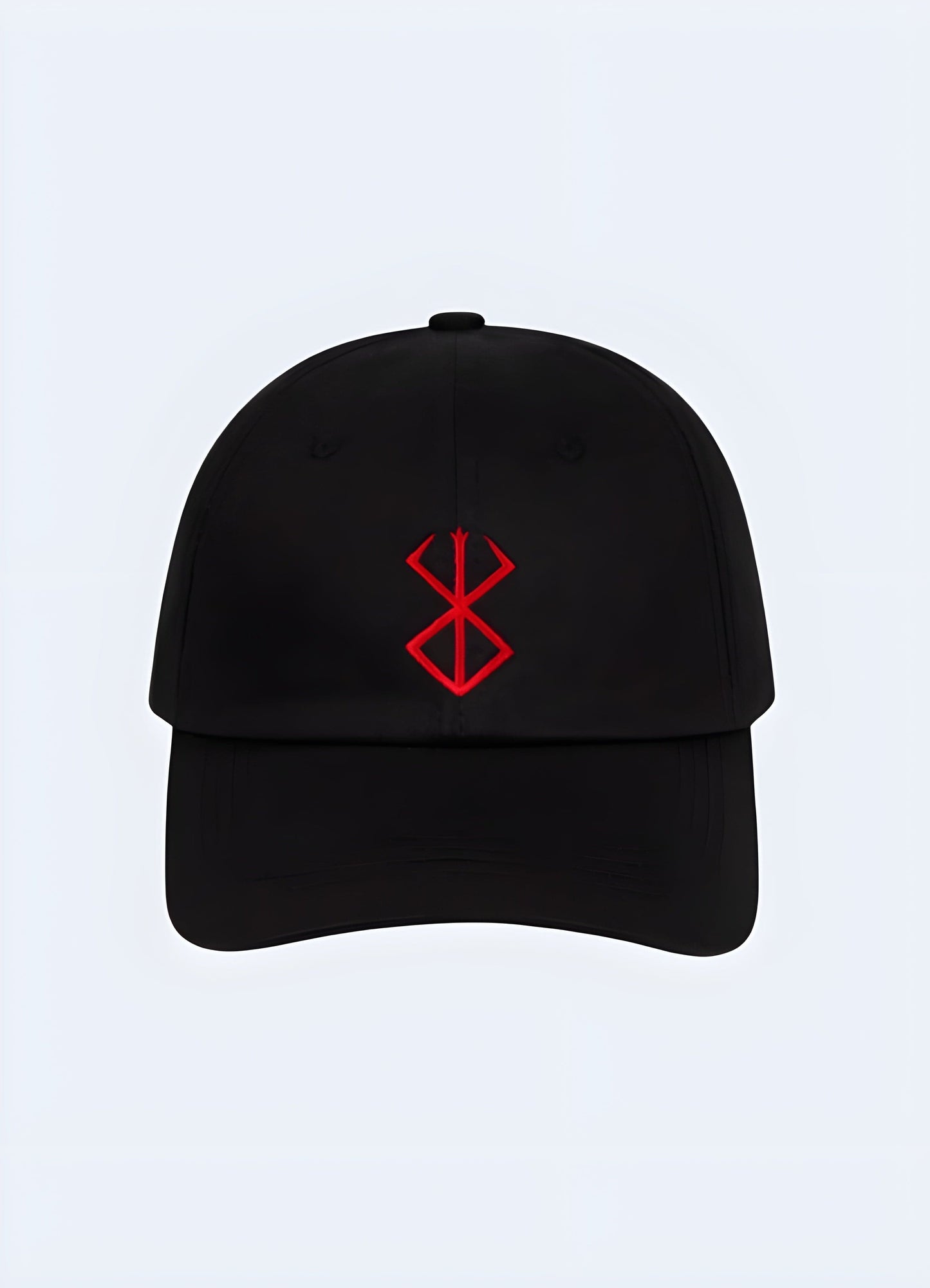 The cap is black with the iconic berserk brand logo prominently embroidered on the front in bold red and white stitching UK. 