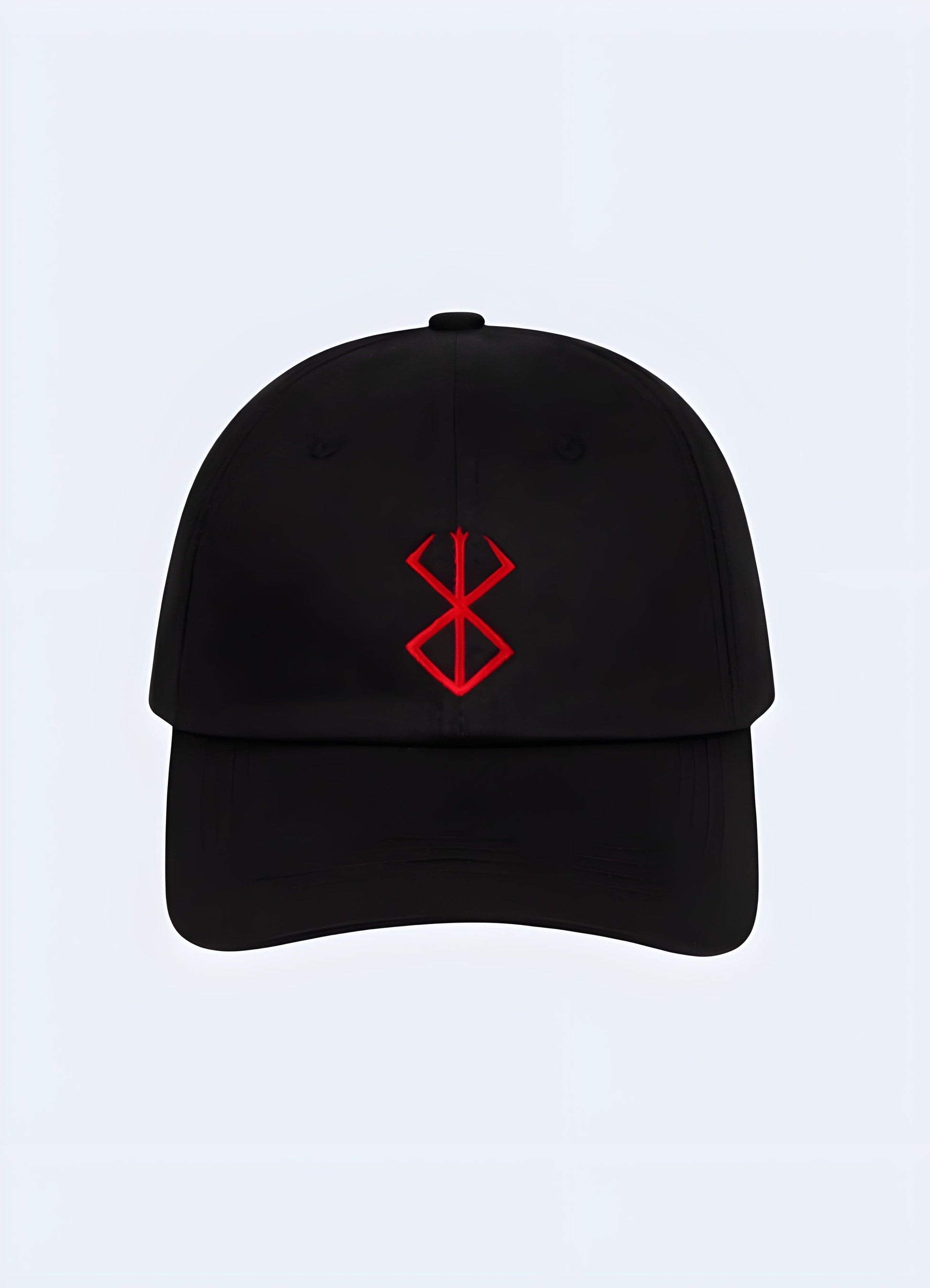 The cap is black with the iconic berserk brand logo prominently embroidered on the front in bold red and white stitching UK. 