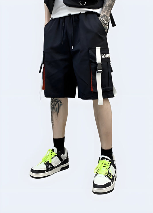 Stylish black and white cargo shorts for man, combining fashion and functionality for the UK urban scene.