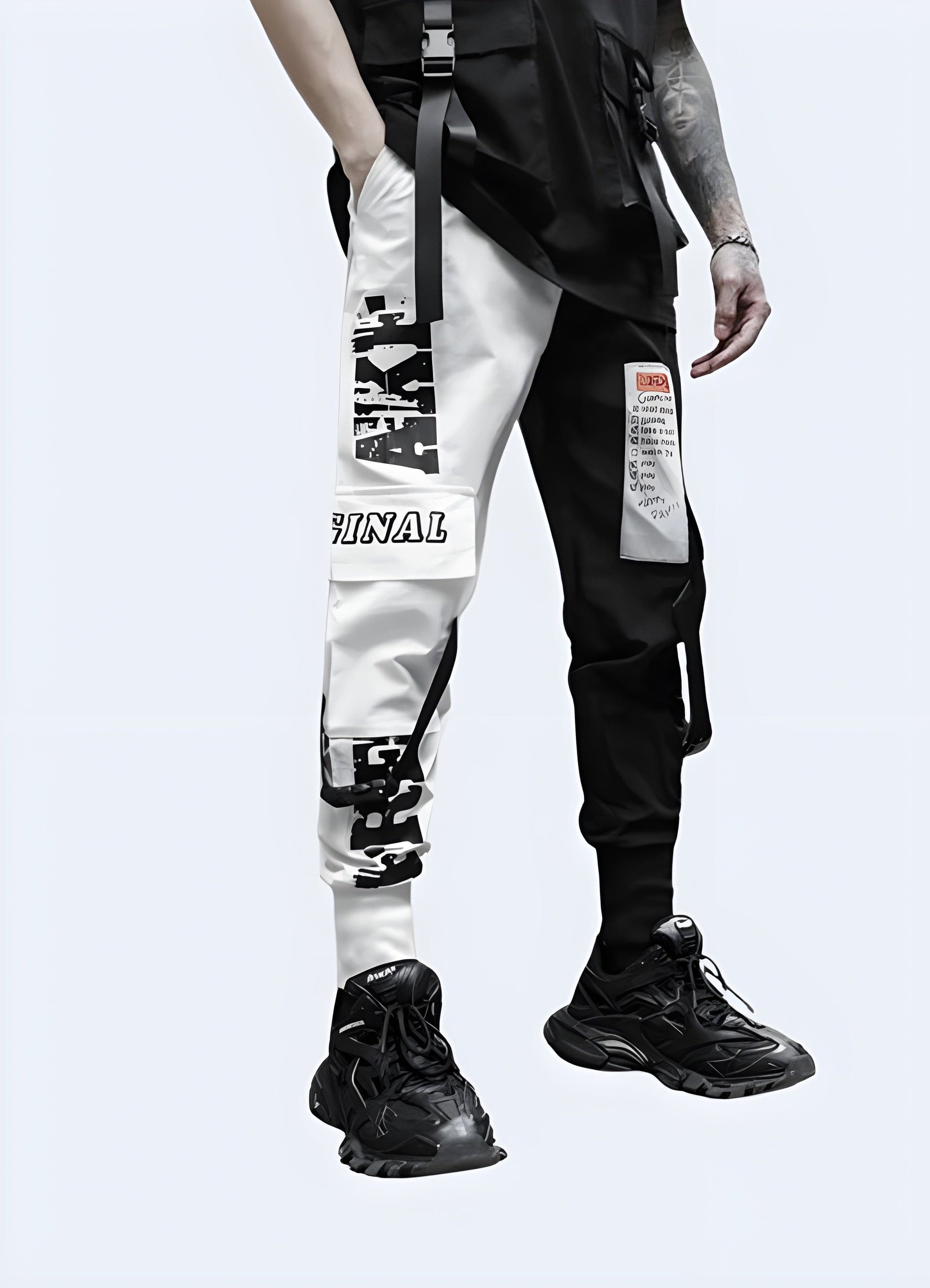 Black and white cargo pants for men in the UK, featuring a bold and eye-catching design perfect for making a stylish statement.