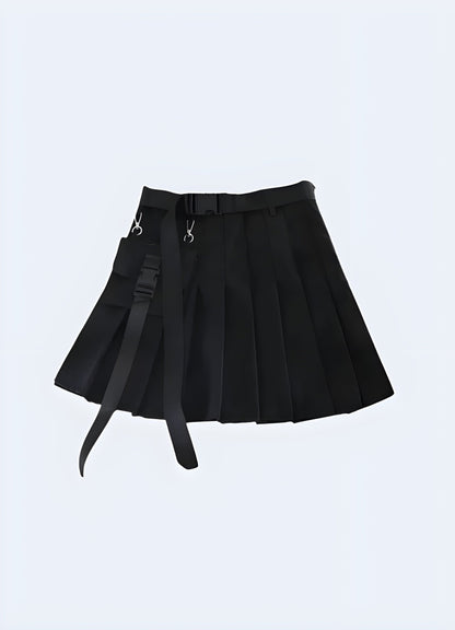 Front view of a black cargo mini skirt, highlighting its rugged aesthetics and practical design for a standout fashion statement in the UK.