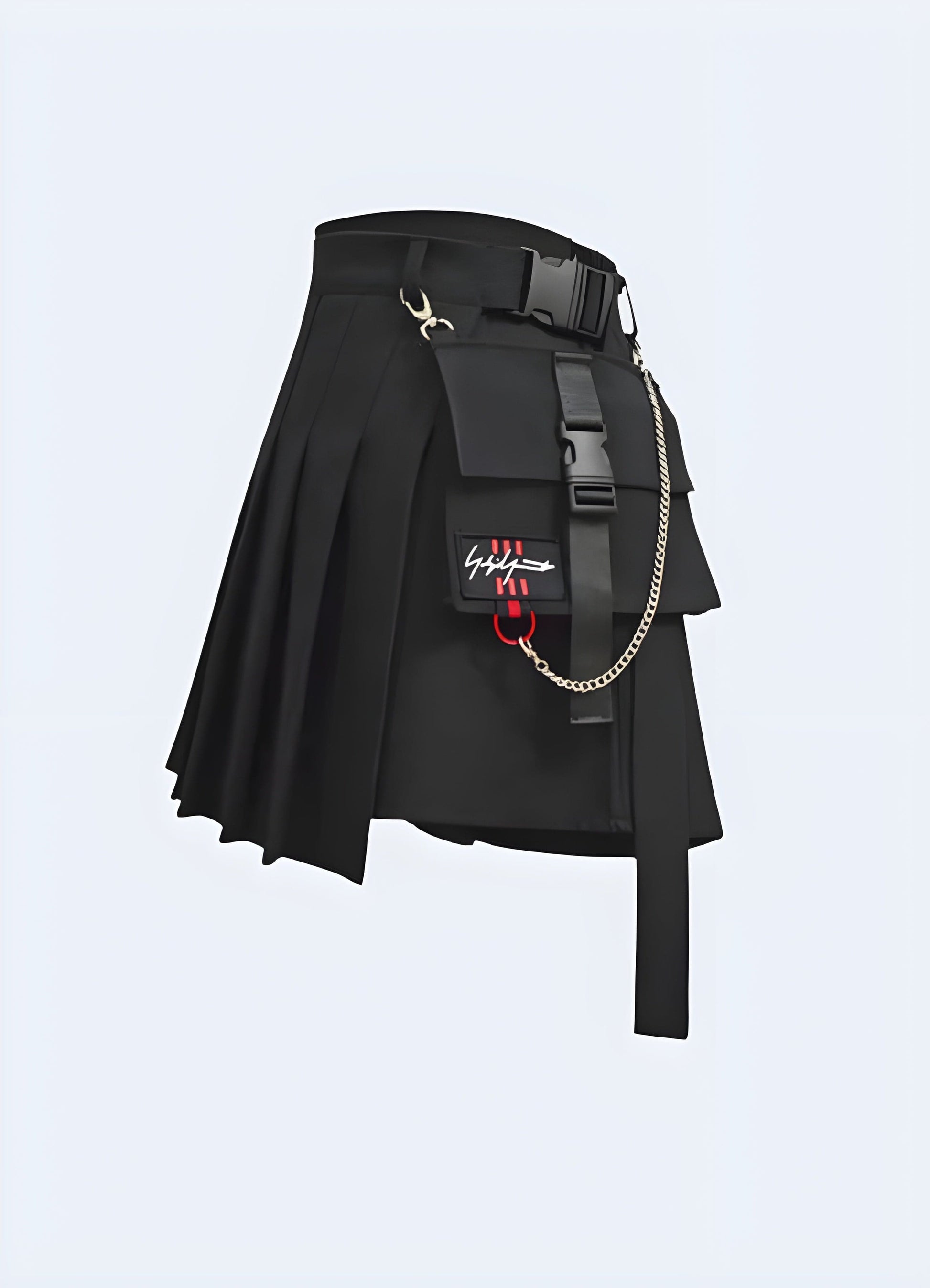 Side view of a black cargo mini skirt, emphasizing its distinct cargo-inspired features and versatile style for adventurous women 