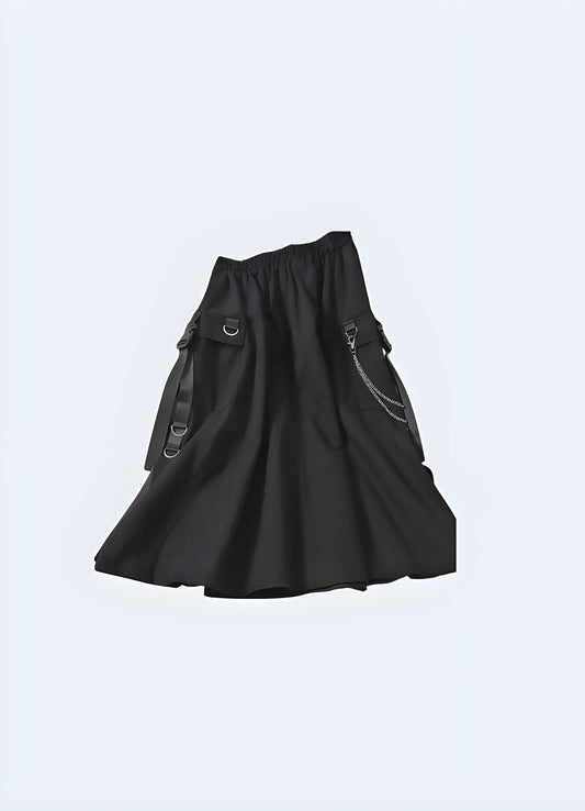 Front view of a black cargo maxi skirt, emphasizing its sleek aesthetics and practical features for fashion-conscious women seeking a statement piece in the UK.