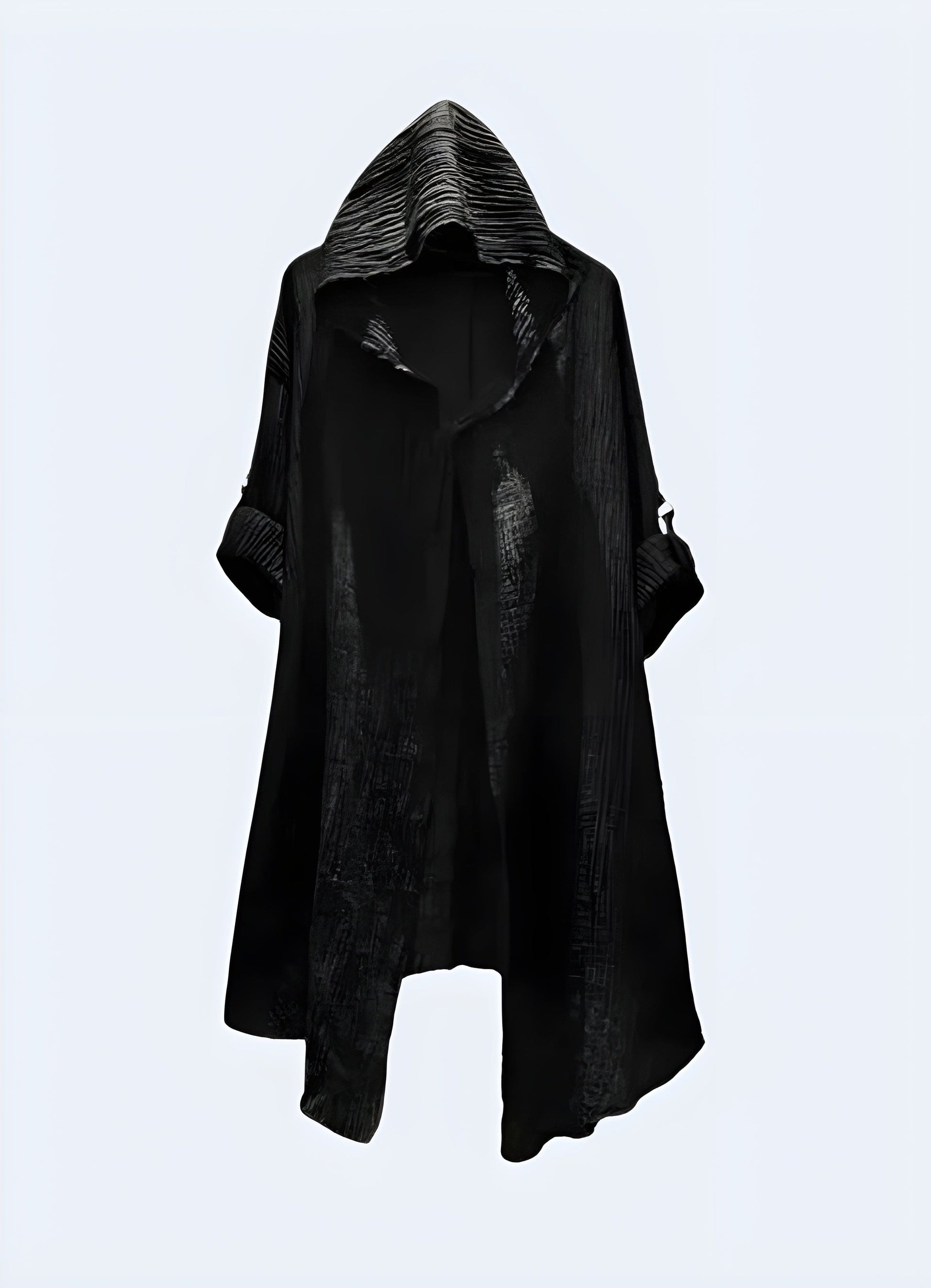 Front view of a black cloak with a hood, emphasizing its sleek design and versatile features, ideal for adding a touch of mystery and intrigue to any outfit in the UK.