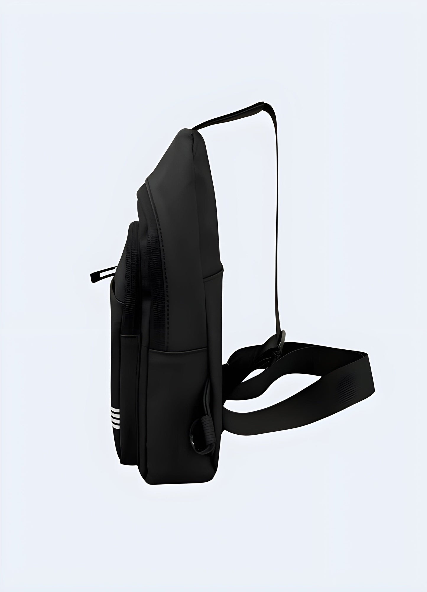 Black cross chest bag side view, UK. Modern and versatile design.