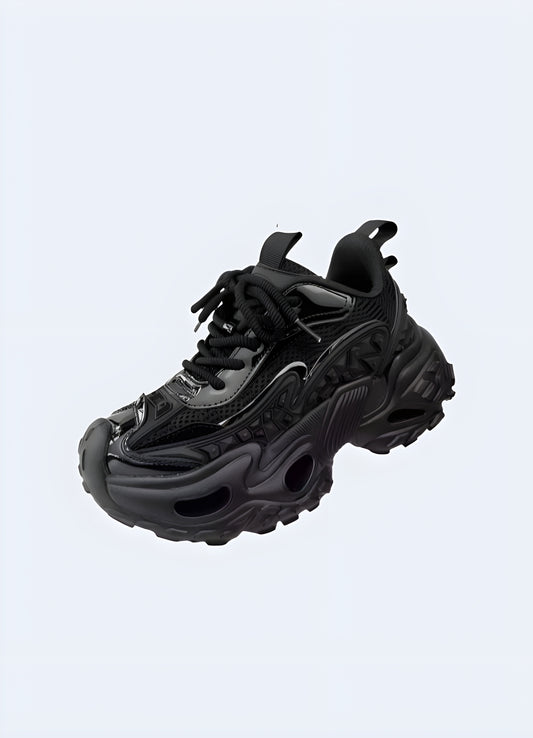 Stepping into these black goth shoes is like stepping into a realm where style and edge collide.