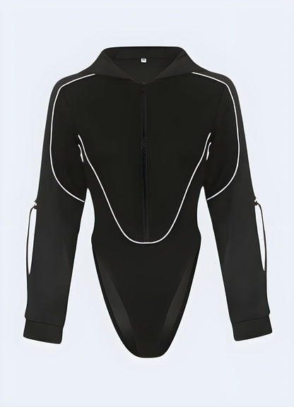 Sleek black hoodie bodysuit with a modern design, perfect for UK fashion enthusiasts seeking comfortable and stylish urban wear.