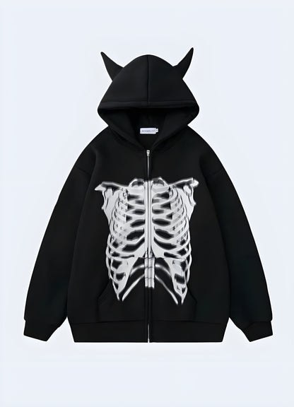 Unique black hoodie with stylish horn details, perfect for making a bold fashion statement in the UK.