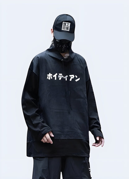 Black Japanese hoodie with embroidered Japanese text, perfect for streetwear fashion in the UK.