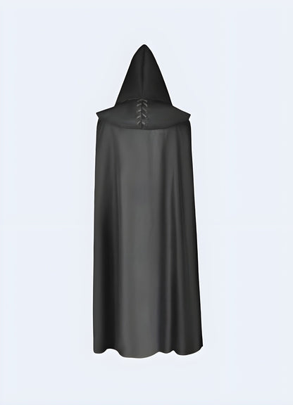 Rear view of a model wearing a black Jedi cloak, showcasing the full-length design and flowing fabric, ideal for Star Wars enthusiasts in the UK.