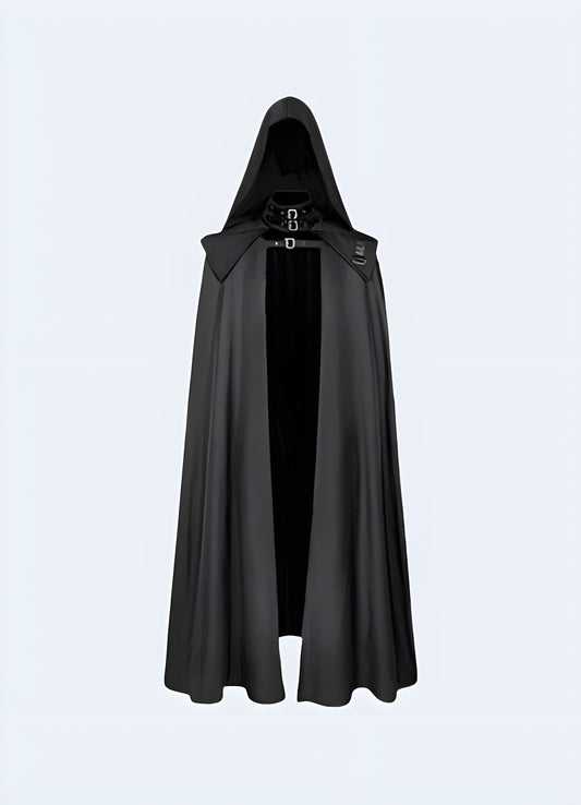 Hooded black Jedi cloak inspired by Star Wars, perfect for cosplay or costume parties, available in the UK.