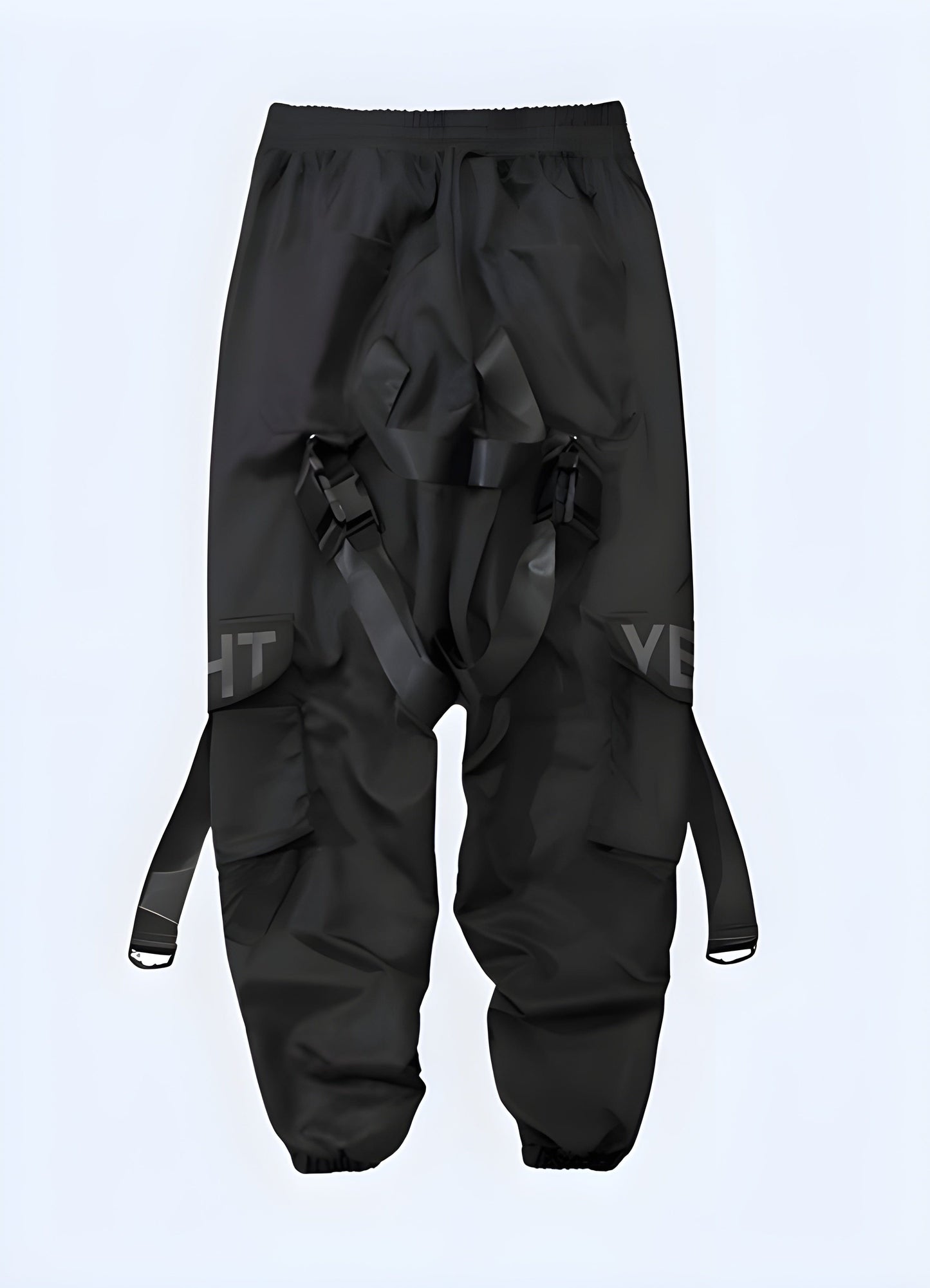 Back view of modern black jogger cargo pants, emphasizing the practical cargo pockets and adjustable drawstring waist, ideal for streetwear enthusiasts in the UK.