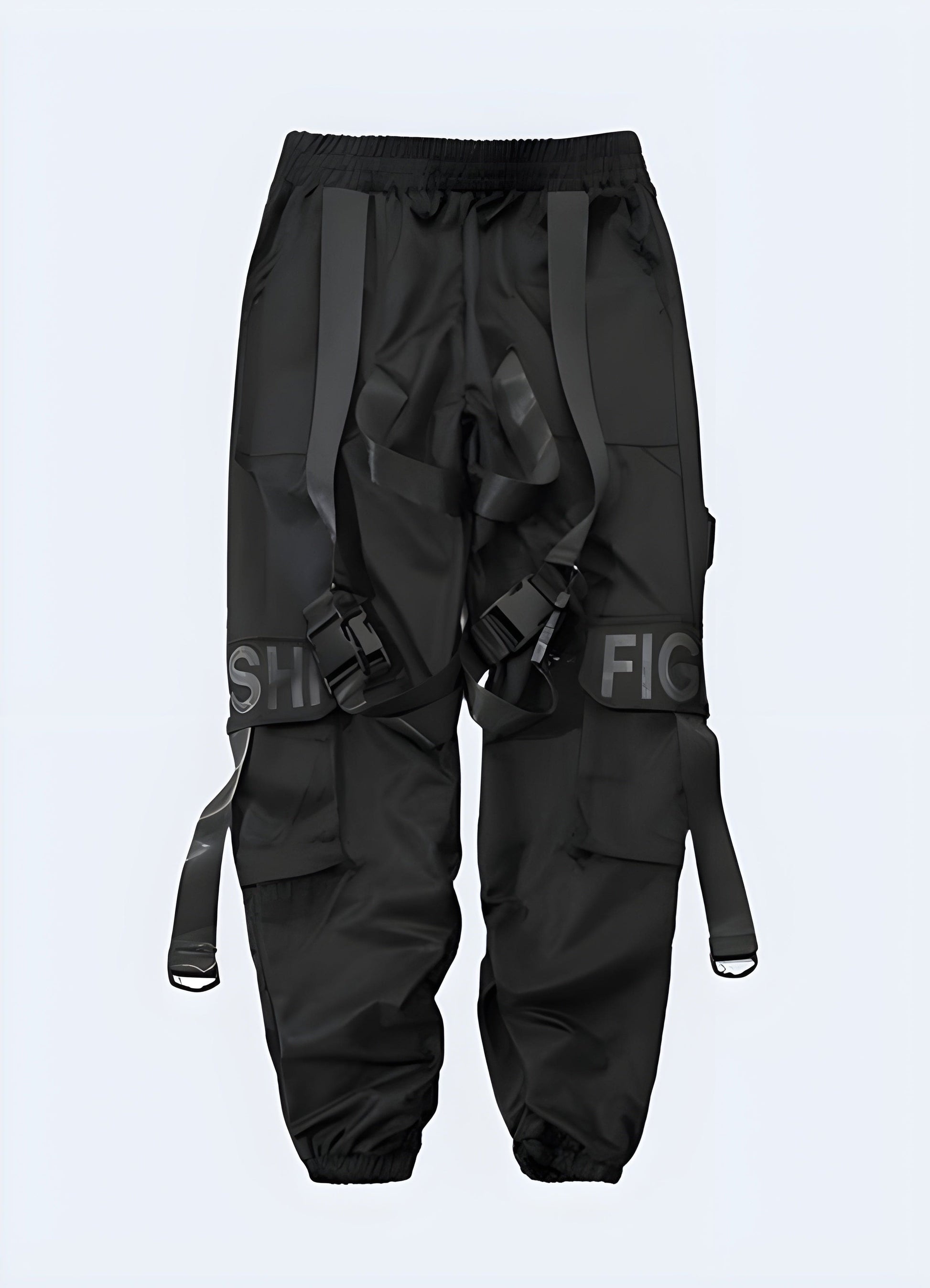 Front view of fashionable black jogger cargo pants, highlighting the contemporary design and premium materials, a must-have for UK consumers seeking both style and comfort.