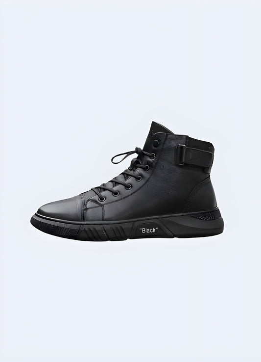 Stylish black leather high-top sneakers with sleek design, perfect for a fashionable urban look in the UK.