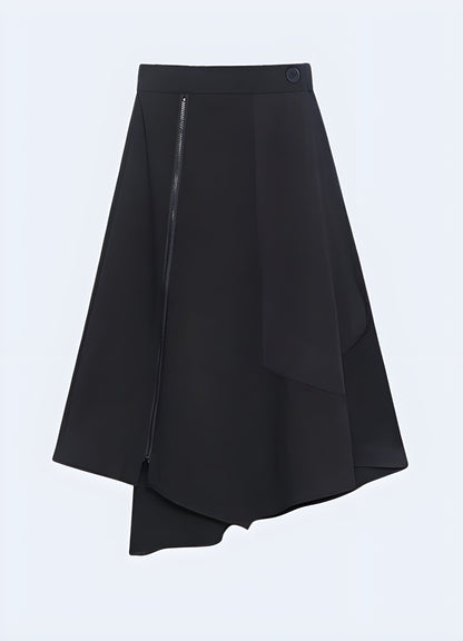 Front view of a black long techwear skirt, highlighting the streamlined cut, technical features, and avant-garde design elements, ideal for fashion-forward individuals embracing the techwear trend.