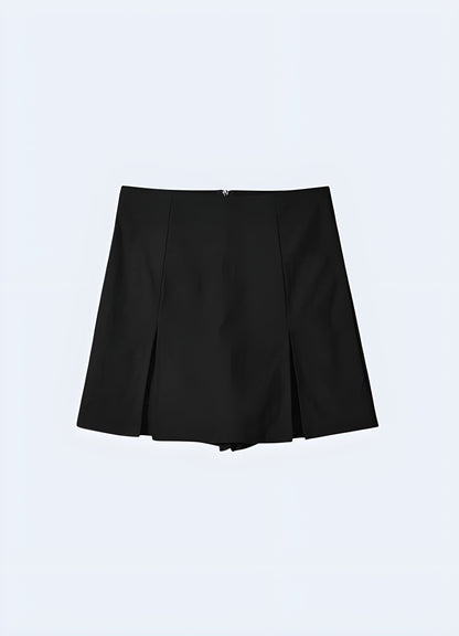 Front view of a black mini skirt, emphasizing its classic design and timeless appeal for fashion-conscious women in the UK.