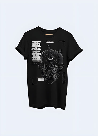 Black t-shirt featuring a fearsome Japanese oni demon, perfect for fans of Japanese folklore and edgy fashion in the UK.