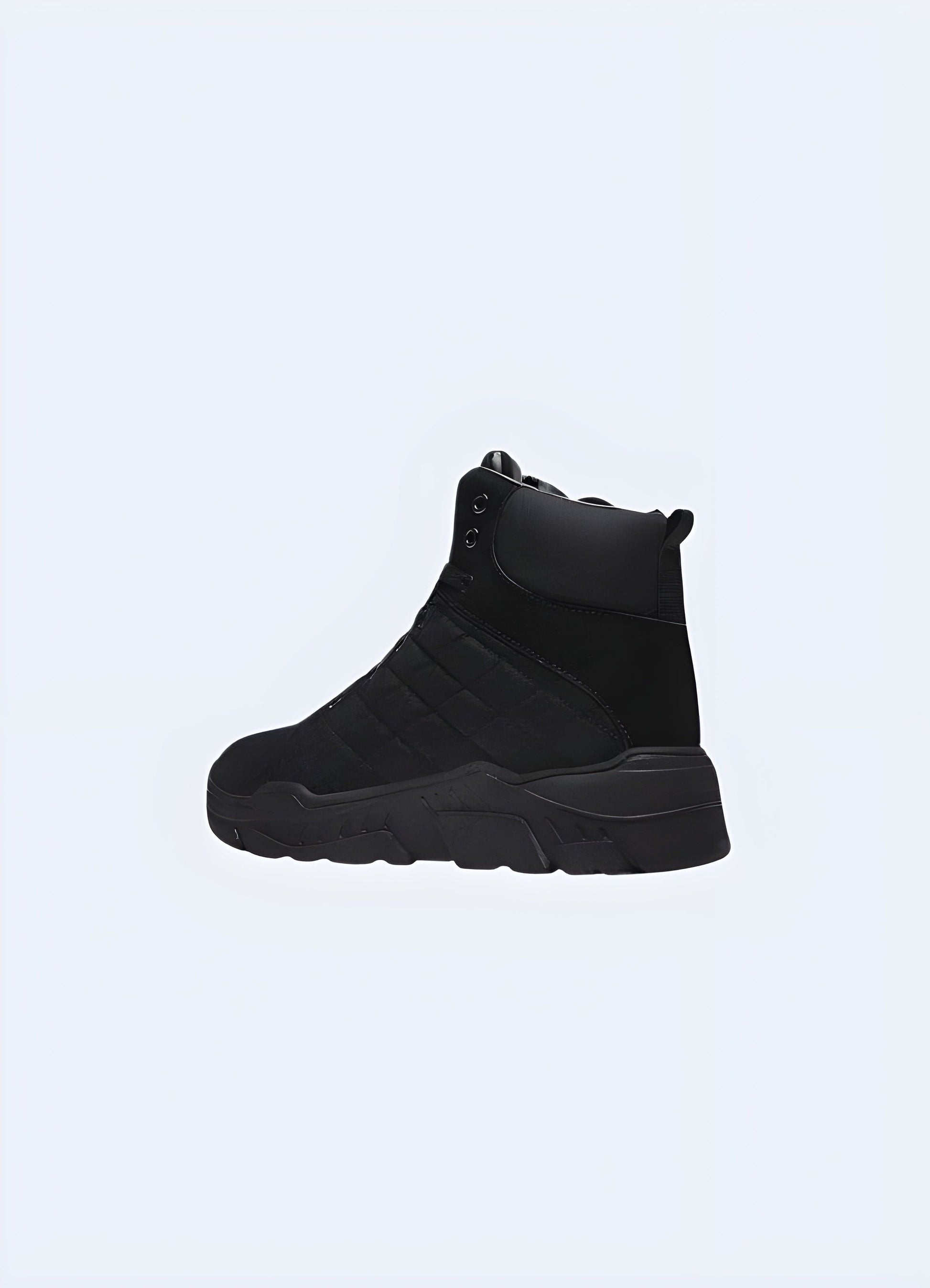 Side and back view of black techwear shoes with padded details, combining style and functionality for UK consumers seeking cutting-edge footwear.