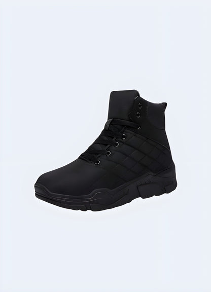 Front and side view of black techwear shoes showcasing their padded construction and modern design, ideal for UK streetwear and functional fashion.