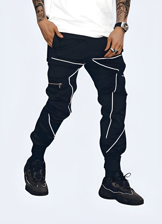 Black reflective pants designed for visibility and style in low-light conditions.