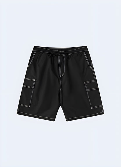 Trendy black shorts with white stitching for men, perfect for the UK urban fashion scene.