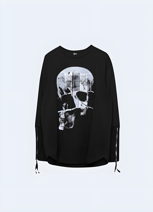 Edgy black shirt featuring a menacing skull graphic, perfect for those seeking a bold and rebellious look in the UK.