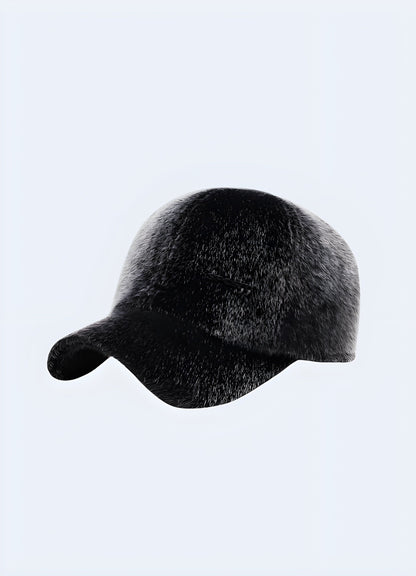 Grey side view of black street fur cap for men, UK. Cozy and trendy accessory for cold weather.