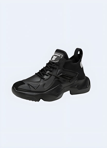 Stylish black streetwear sneakers with a bold and modern design, perfect for making a fashion statement in the UK.