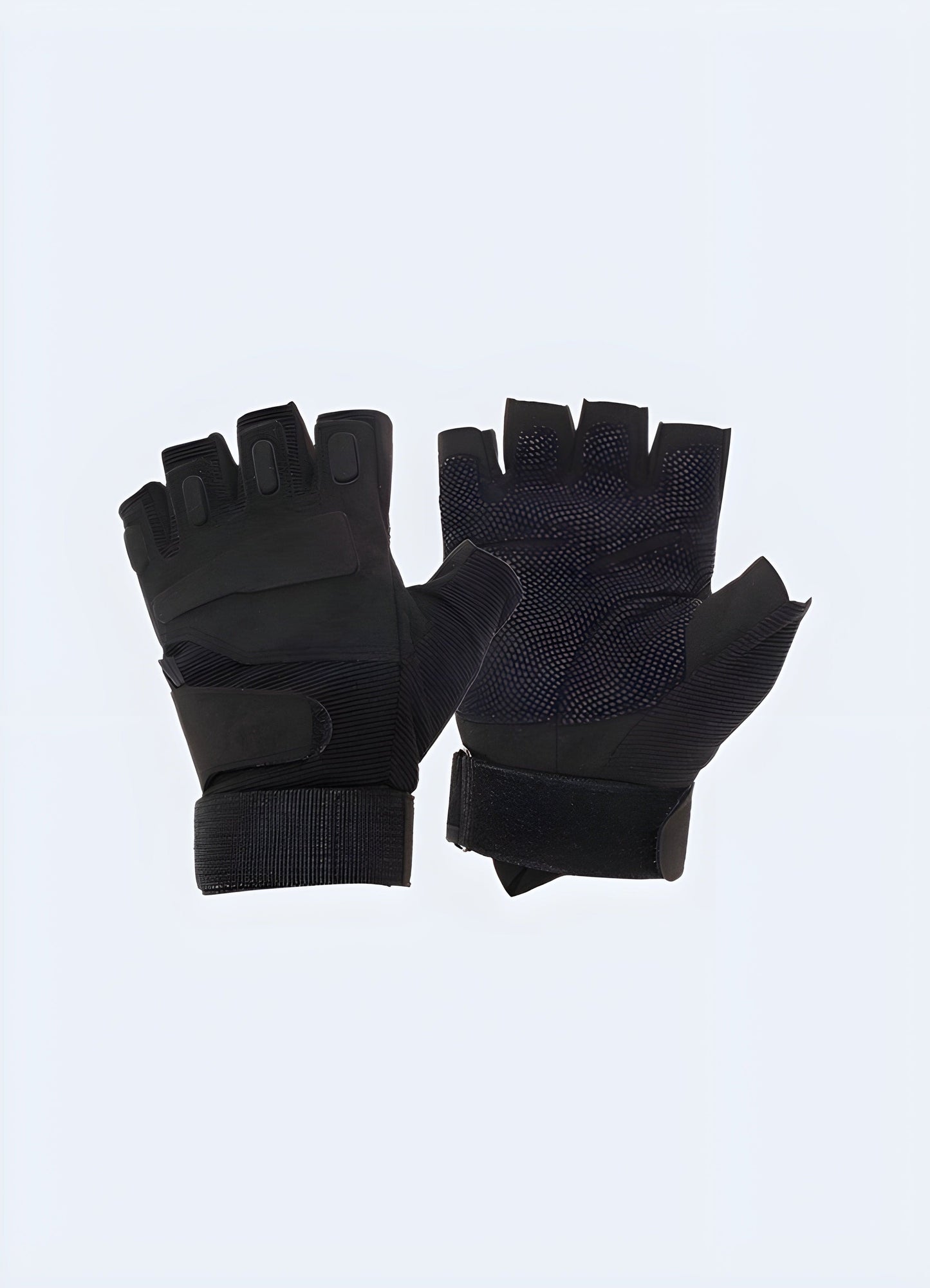 Black tactical fingerless gloves, front and back view, a sleek leather finish on the front, and a breathable back with adjustable straps.