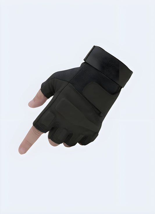 Black tactical fingerless gloves, front view, showing durable leather material with reinforced padding on the palms and open fingertips for dexterity.