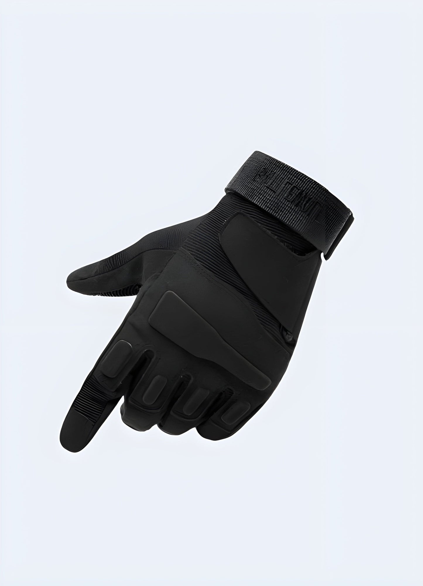 Black tactical gloves, front view, showing reinforced knuckle protection and grip-enhancing material on the palm.