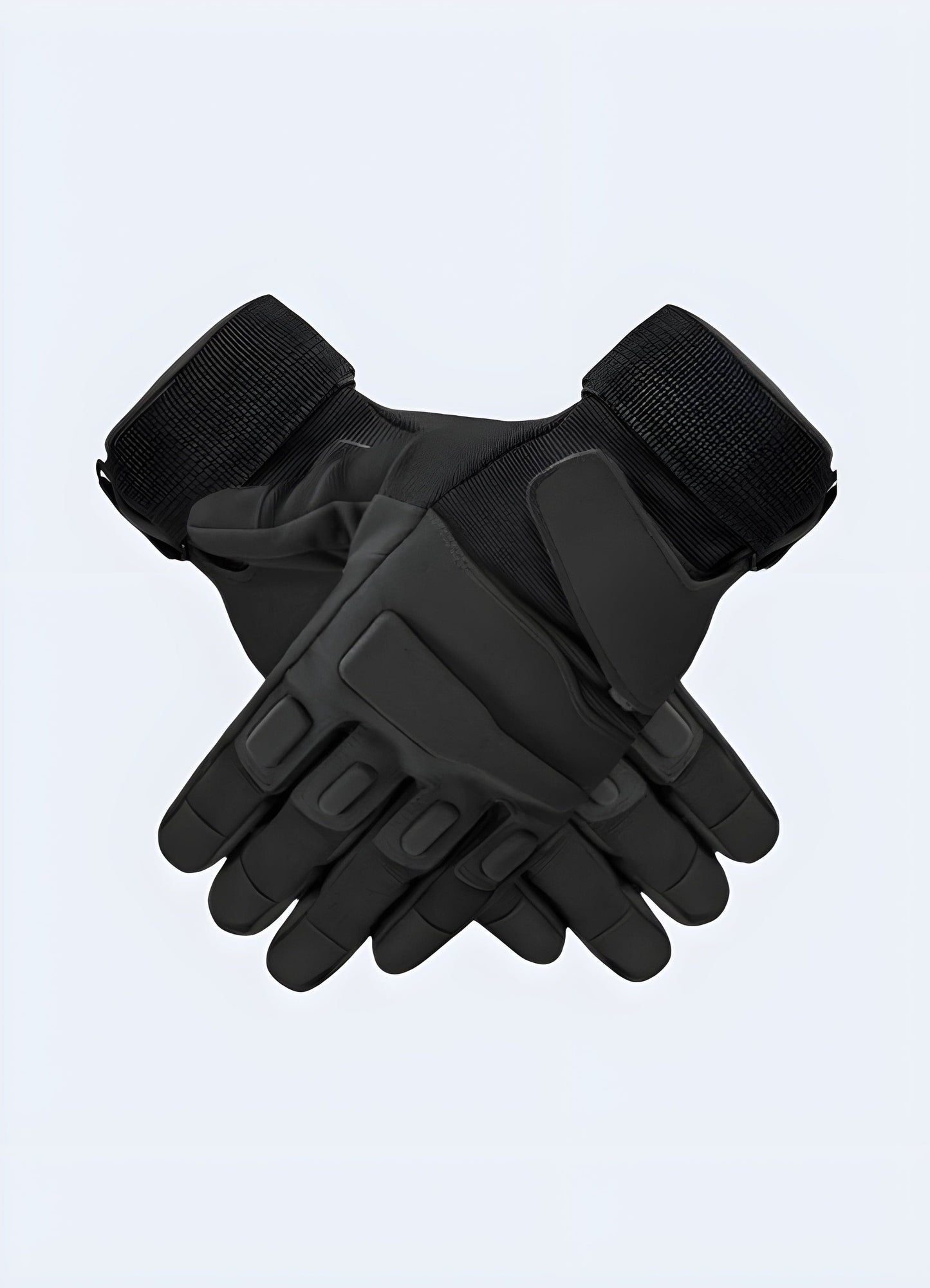 Black tactical gloves, side view, highlighting the adjustable wrist strap and durable stitching along the fingers.