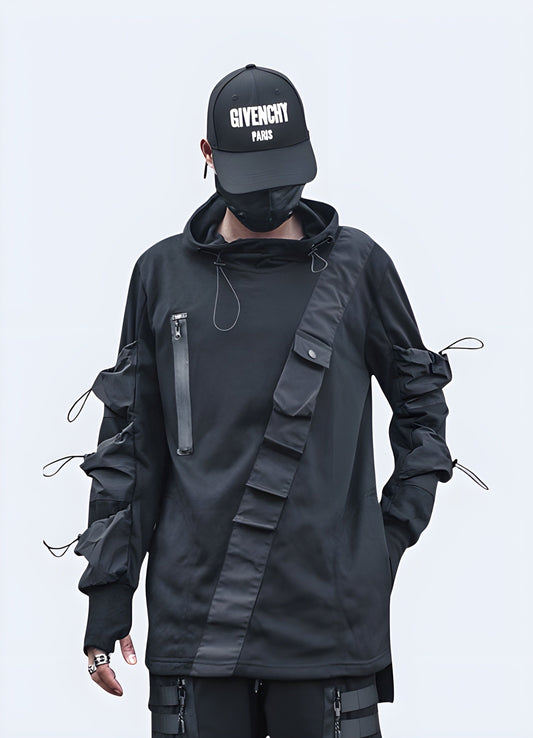 Black tactical hoodie with multiple utility pockets, ideal for outdoor activities and everyday wear in the UK.