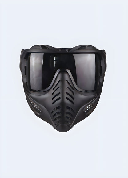 A front view of a black tactical mask, designed for protection and functionality, available in the UK.