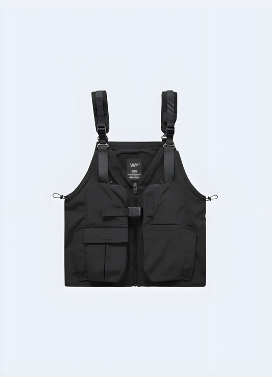 Black tactical vest with multiple pockets and a sleek design, perfect for streetwear fashion, urban exploration, and everyday wear.