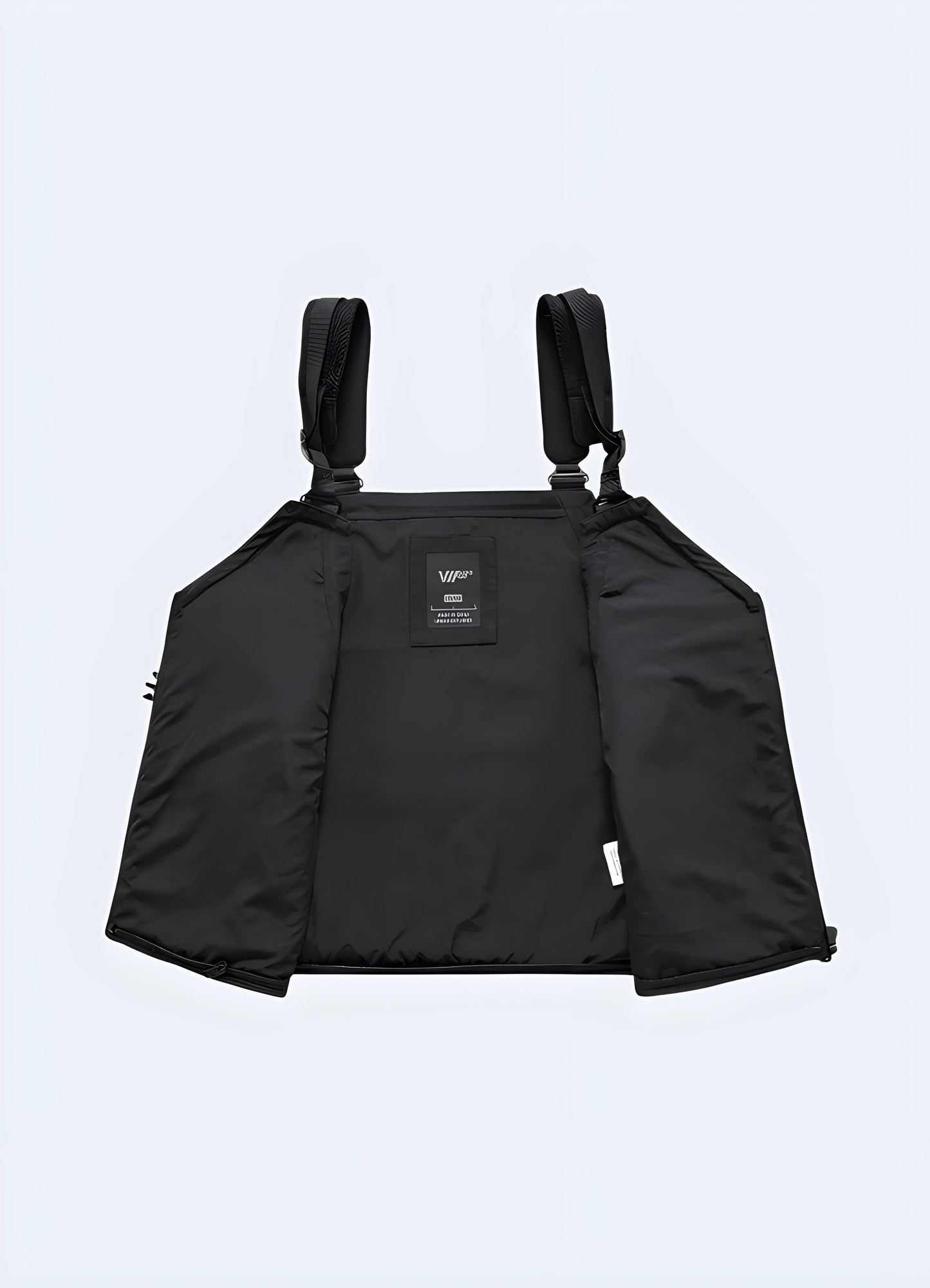 Open view of a black tactical vest featuring numerous storage compartments, adjustable straps, and a modern, streamlined design, ideal for streetwear style.