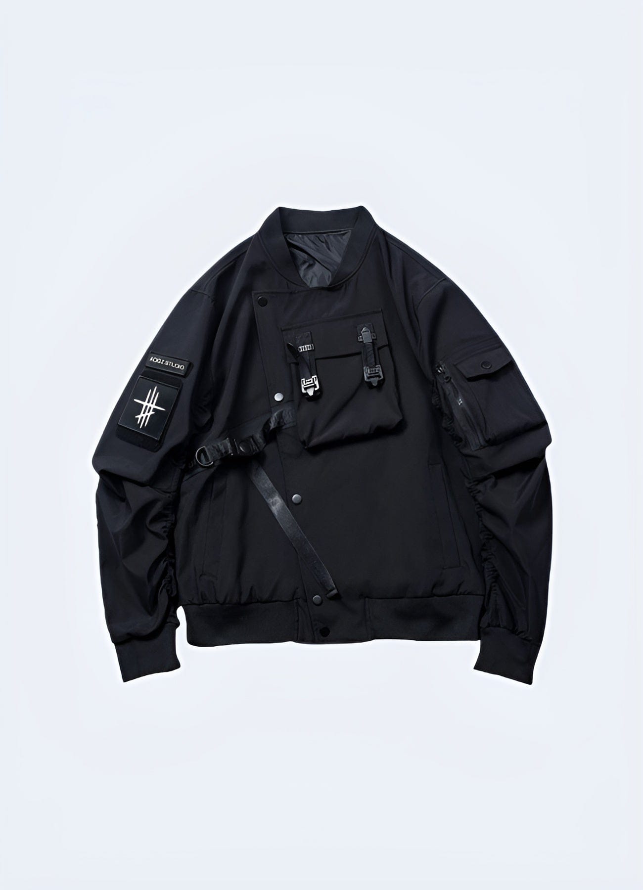 Front view of a sleek black techwear bomber jacket, perfect for those seeking a modern and functional urban style.