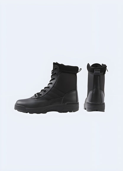 Back side view of black techwear boots with a side zip closure, highlighting their streamlined silhouette and practical design for urban exploration in the UK.