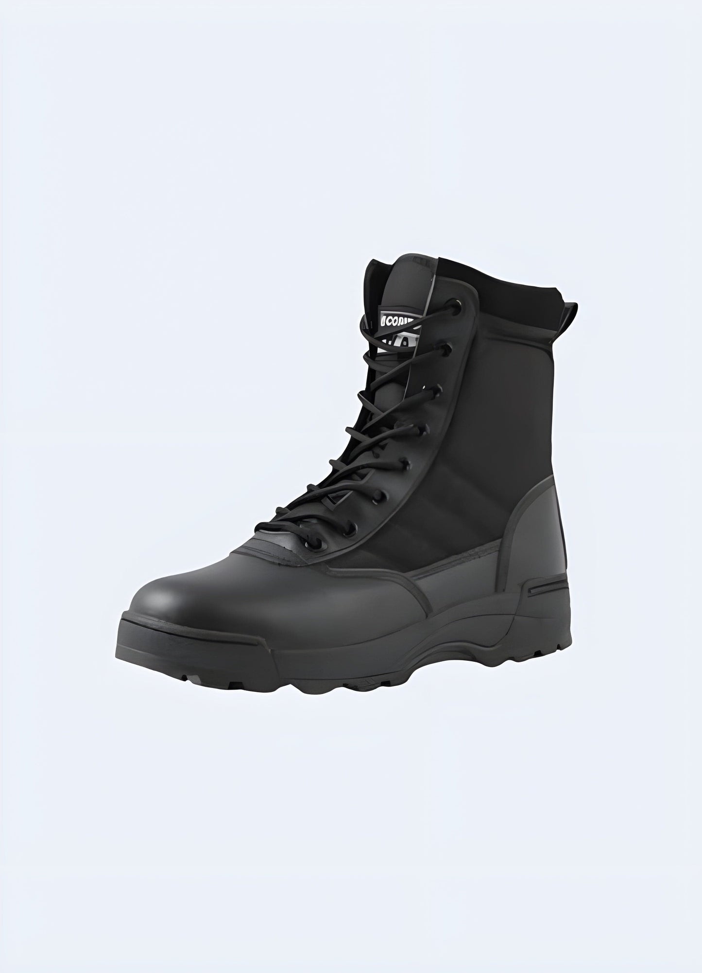 Front and side view of black techwear boots featuring a side zip, showcasing their modern design and easy-access functionality, perfect for UK city life.