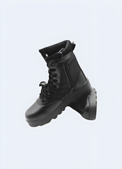 Side view of black techwear boots with a side zip, emphasizing their sleek profile and versatile design, ideal for seamless integration into UK techwear outfits.