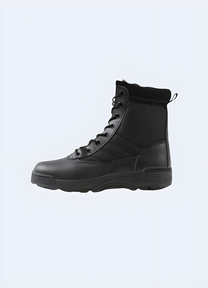 Sleek black techwear boots with convenient side zip closure, designed for effortless style and functionality in UK urban environments.