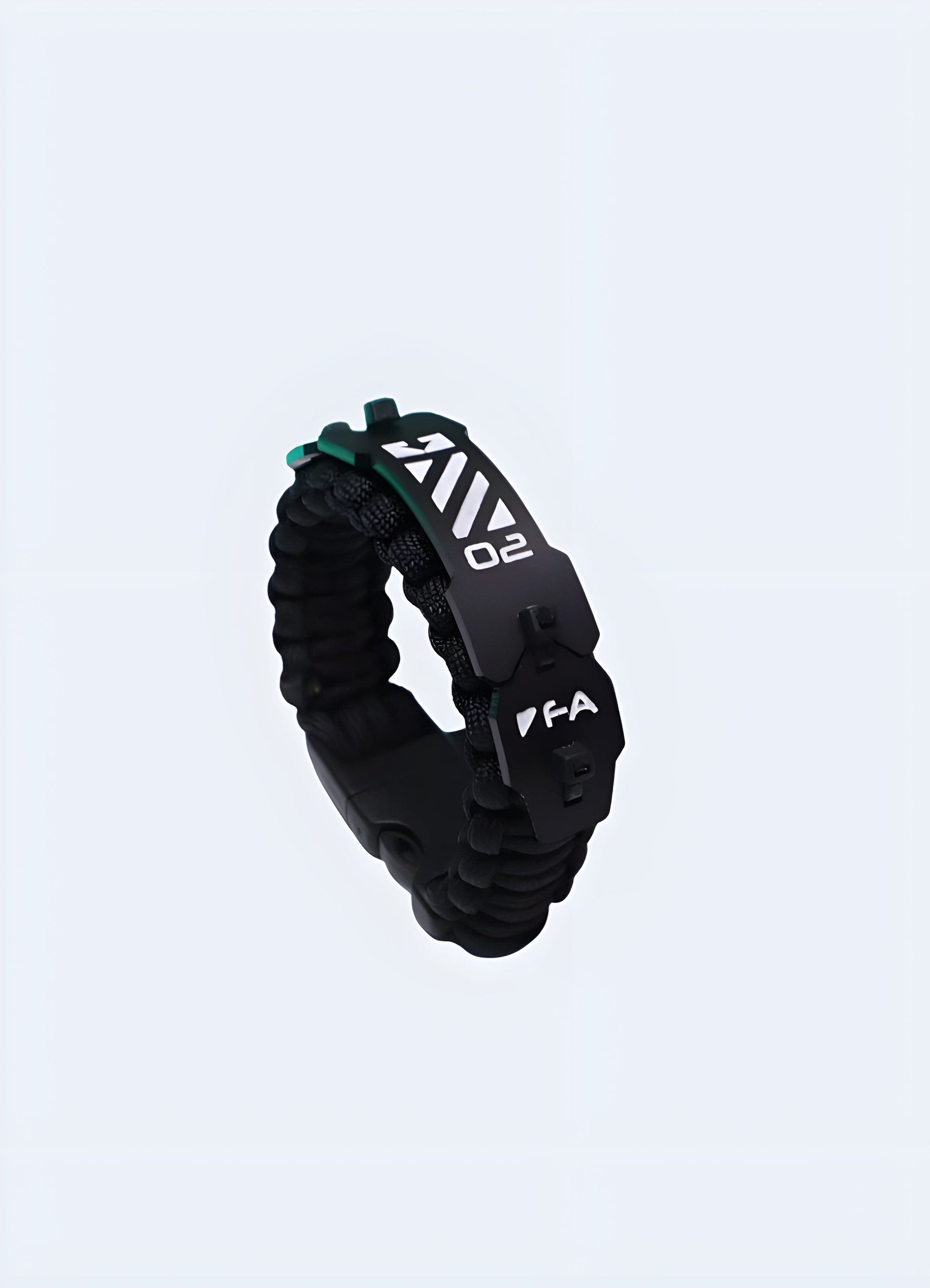 Side view of a black techwear cyberpunk bracelet from the UK, highlighting its sleek and futuristic design.